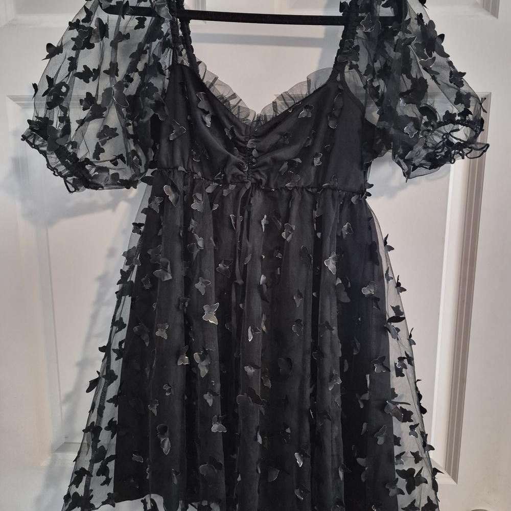 THIRTY/THIRTY Black Sheer Butterfly Babydoll Dress Whimisical Goth- Medium